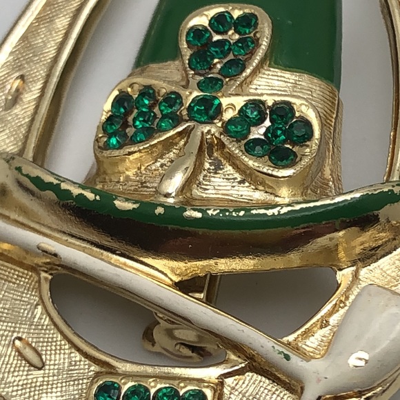 B.J. VTGHorseshoe St. Patrick's Day Green Rhinestones, Enamel & Gold tone Pin - Picture 7 of 7